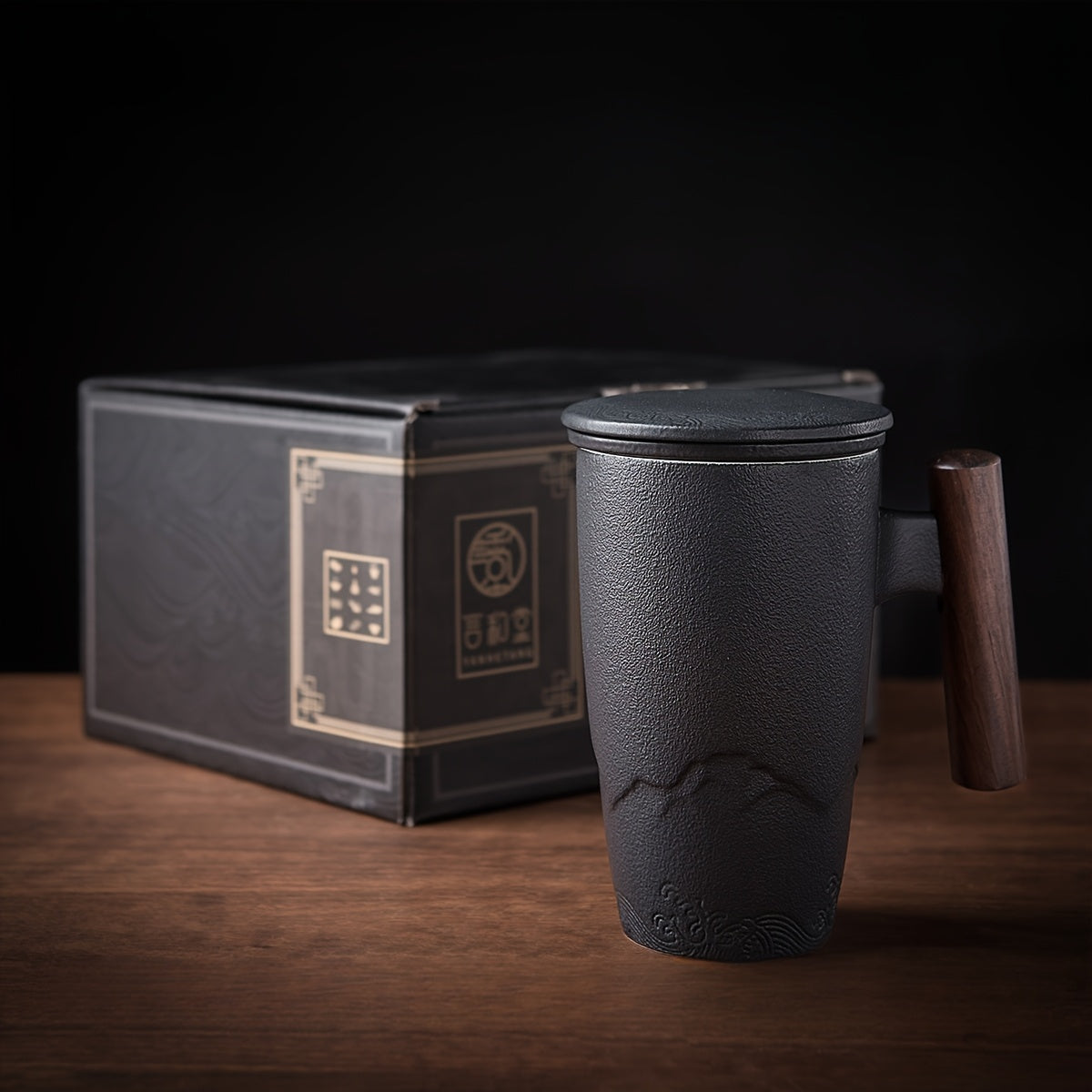 Vintage Style Ceramic Tea Mug with Infuser & Wood Grip