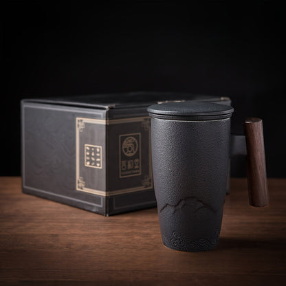 Vintage Style Ceramic Tea Mug with Infuser & Wood Grip