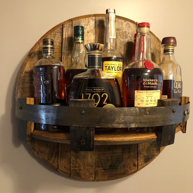 Rustic Oak Whiskey Barrel Storage Shelf