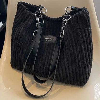 Large Corduroy Shopping Bag for Women with Inside Pockets