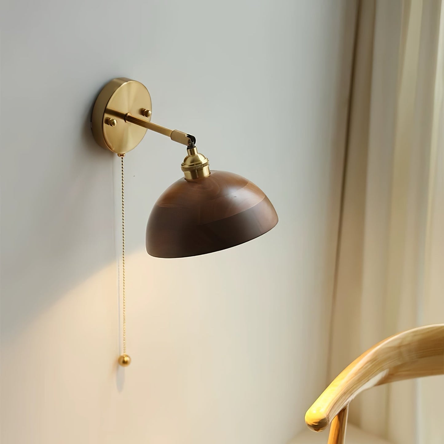 Classic Round Wood Brass Wall Light Fixture