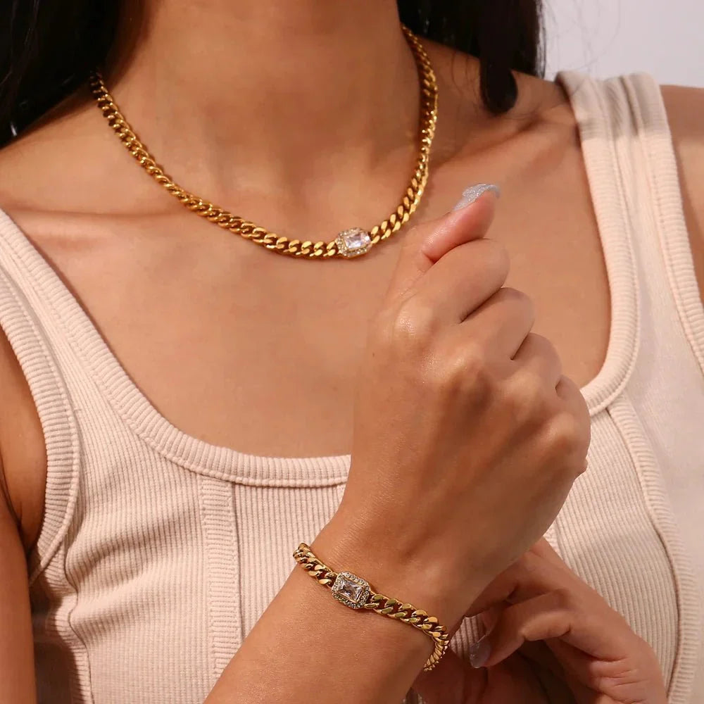 Luxury Square Diamond Chain Choker Necklace Set