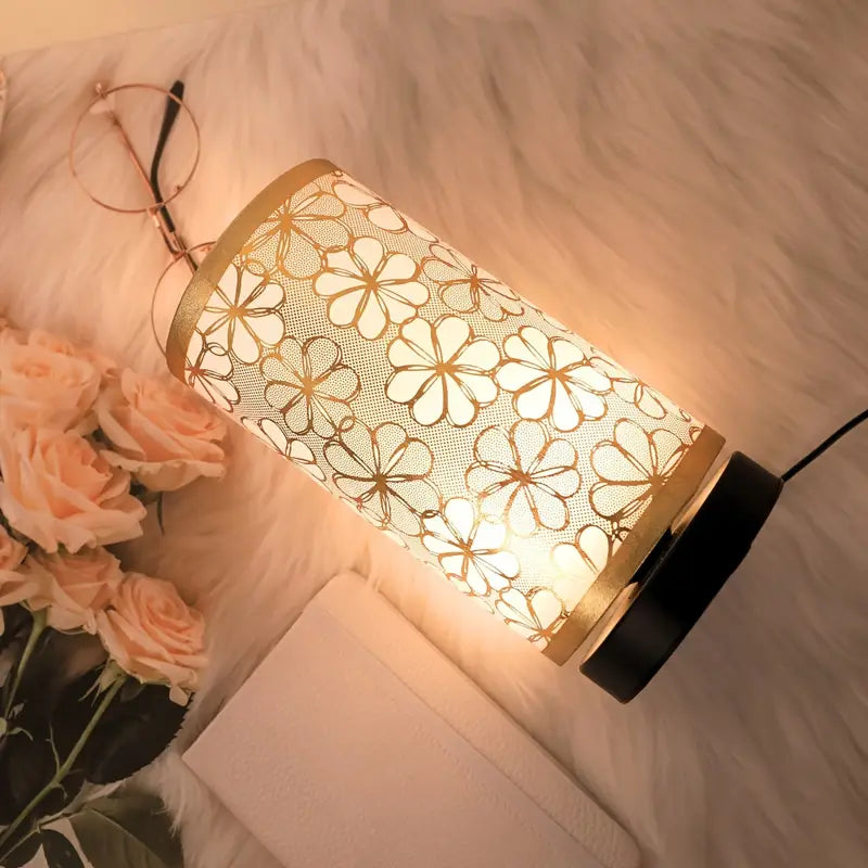 Rustic Farmhouse Desk Lamp with USB and Floral Shade