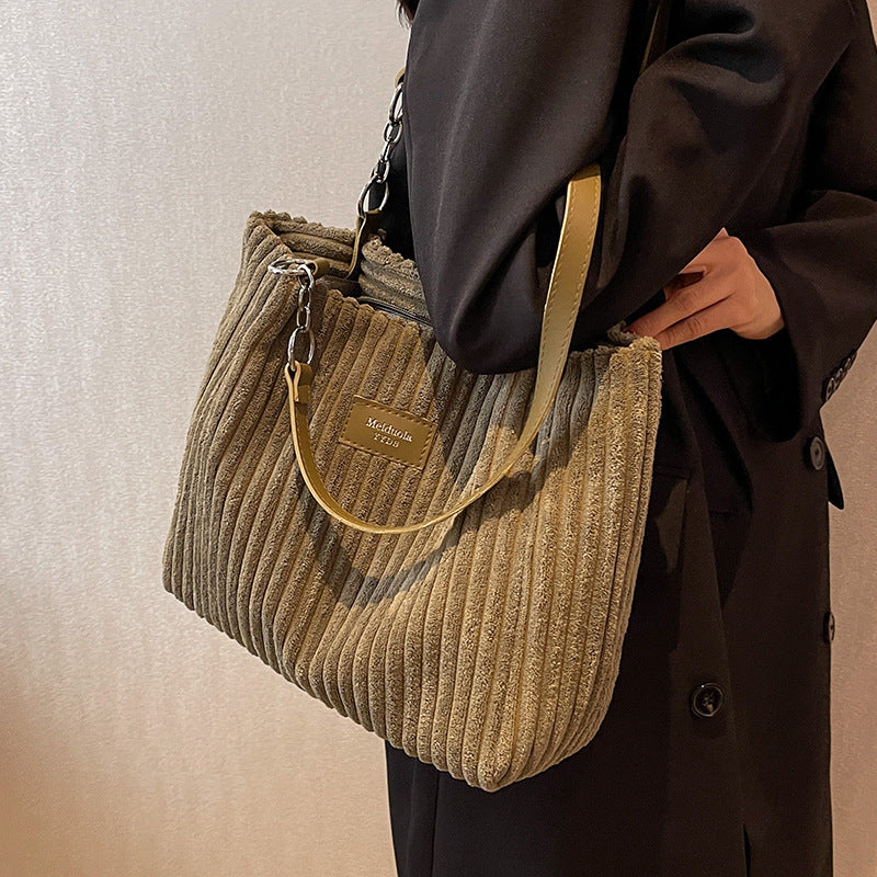 Large Corduroy Shopping Bag for Women with Inside Pockets
