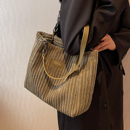 Large Corduroy Shopping Bag for Women with Inside Pockets