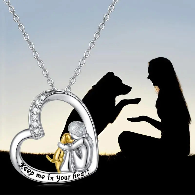 Shiny Heart Dog Pendant Necklace with Sparkling Zirconia