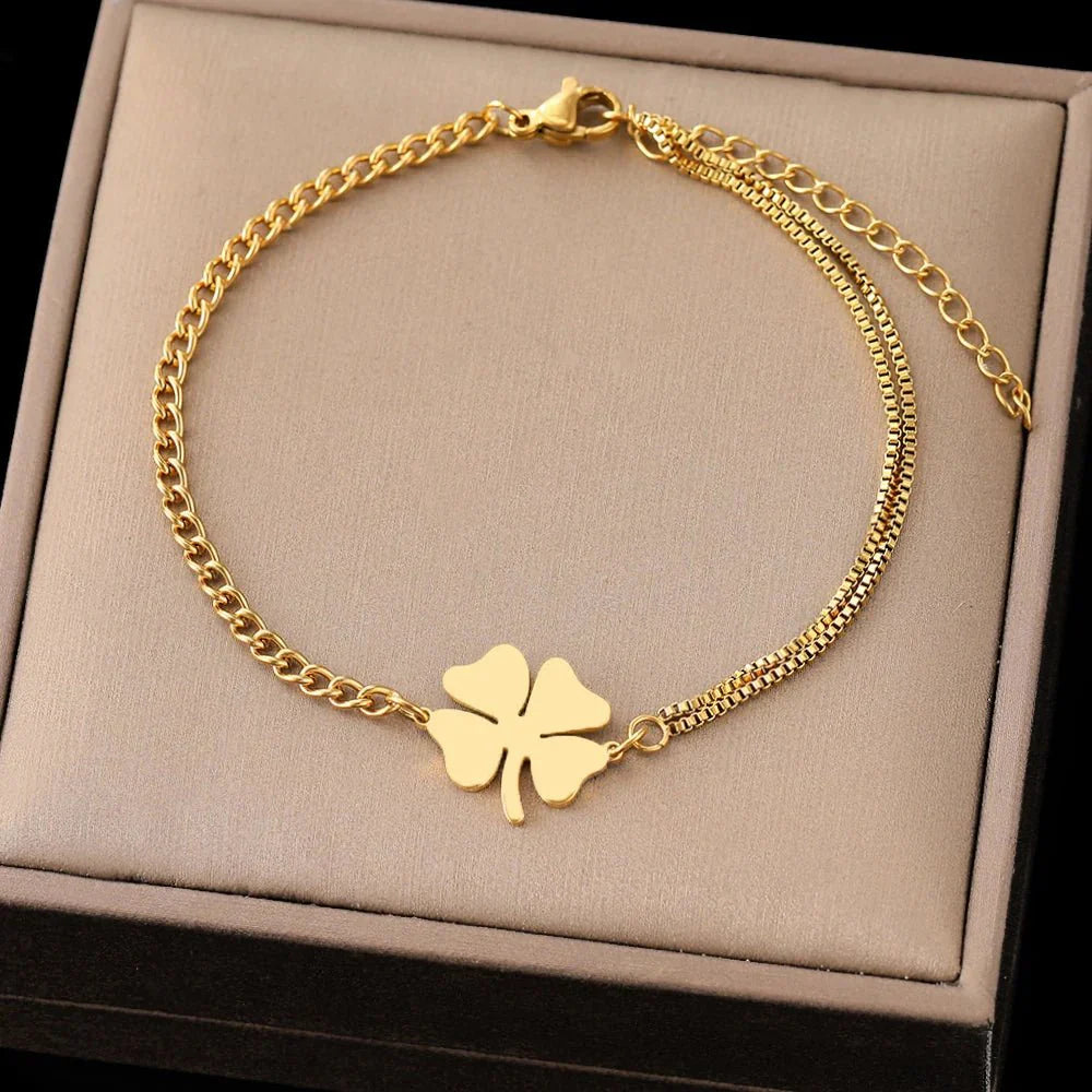Delicate Four Leaf Clover Layered Chain Bracelet