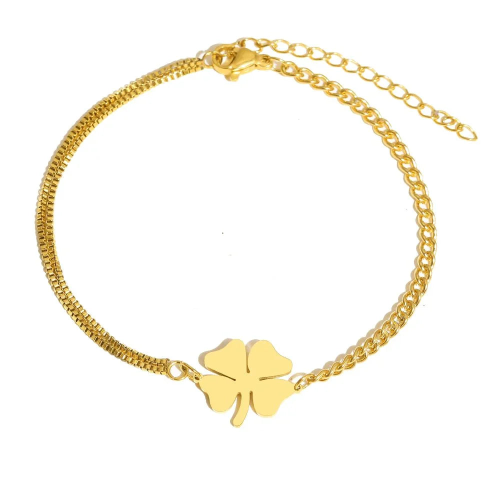Delicate Four Leaf Clover Layered Chain Bracelet - Fesara