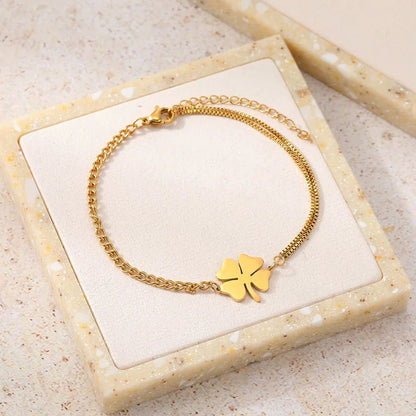 Delicate Four Leaf Clover Layered Chain Bracelet