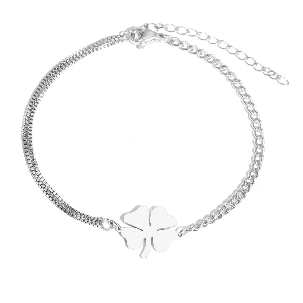 Delicate Four Leaf Clover Layered Chain Bracelet