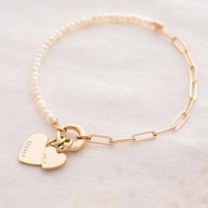 Delicate Custom Heart Pearl Link Chain Bracelet