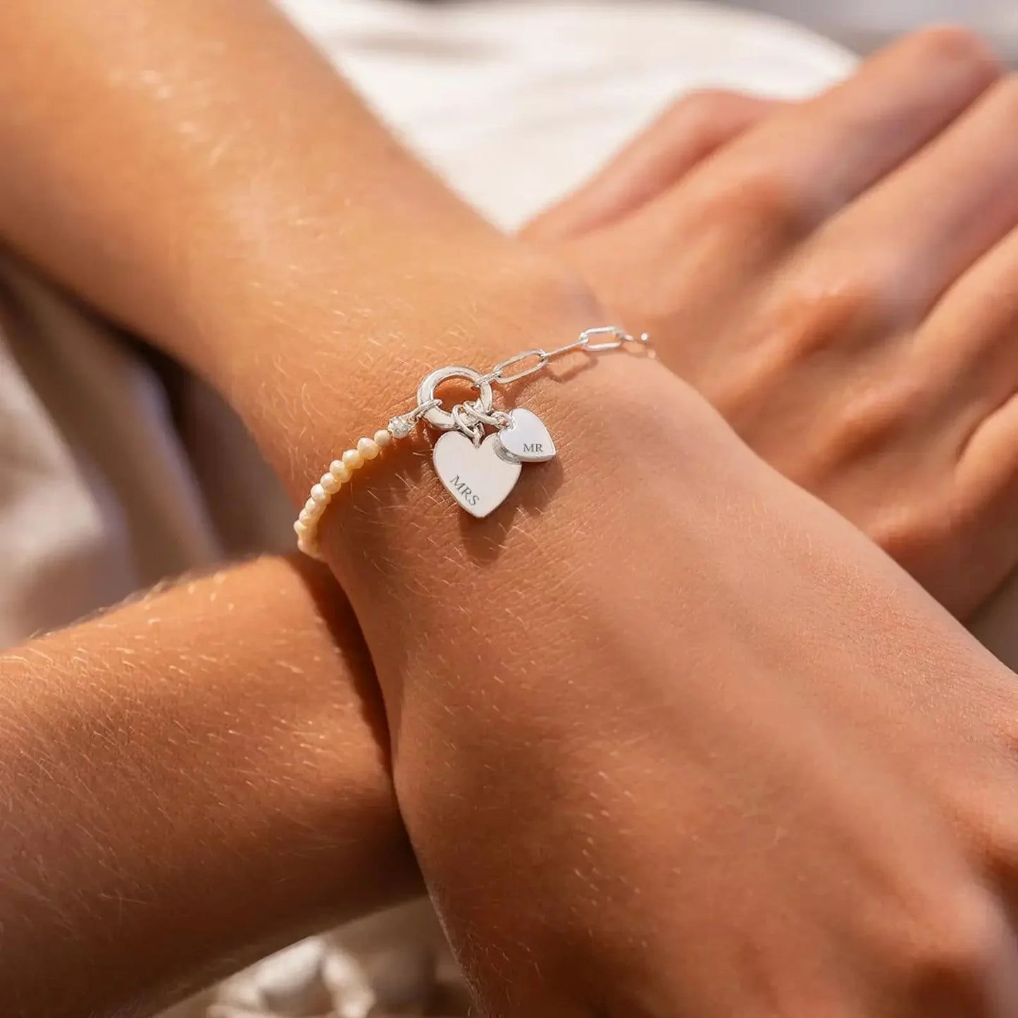 Delicate Custom Heart Pearl Link Chain Bracelet - Fesara