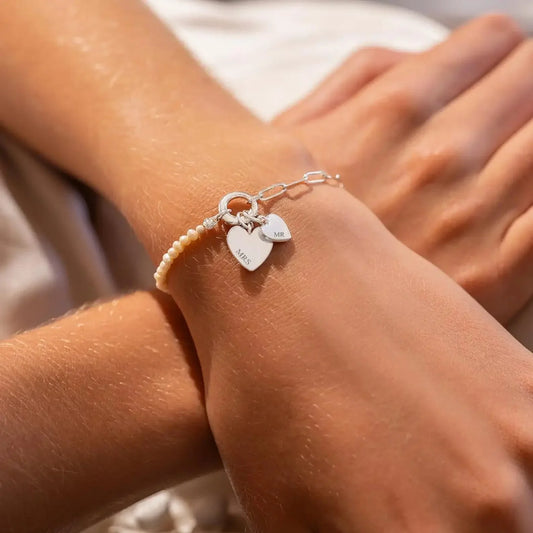 Delicate Custom Heart Pearl Link Chain Bracelet - Fesara