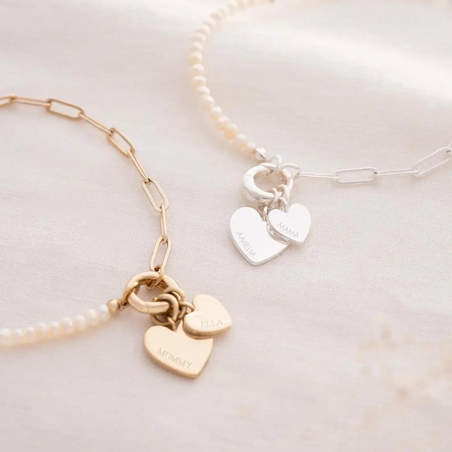 Delicate Custom Heart Pearl Link Chain Bracelet