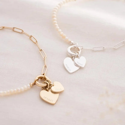 Delicate Custom Heart Pearl Link Chain Bracelet