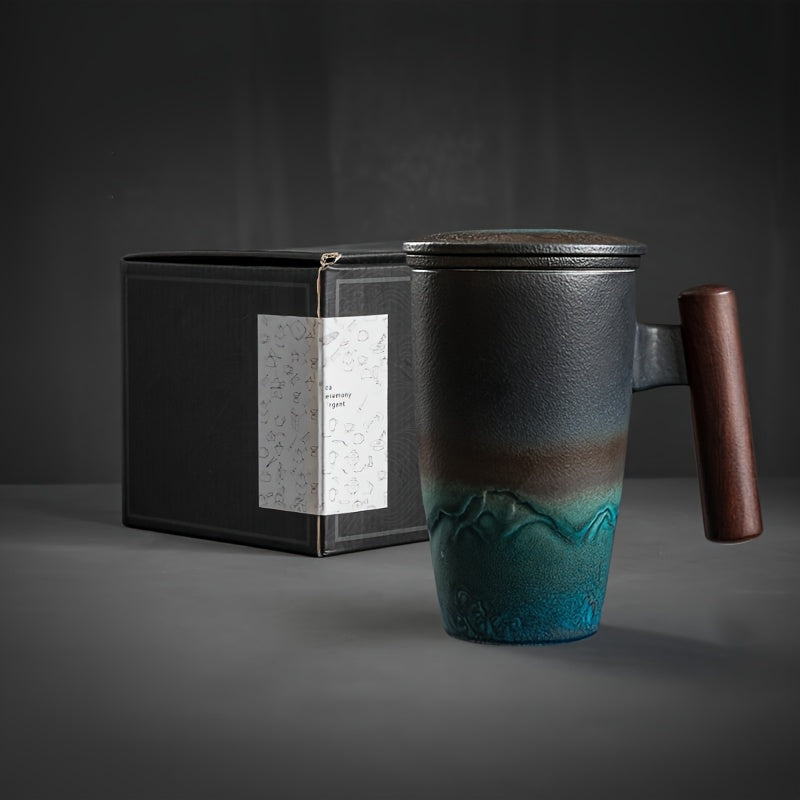 Vintage Style Ceramic Tea Mug with Infuser & Wood Grip - Fesara