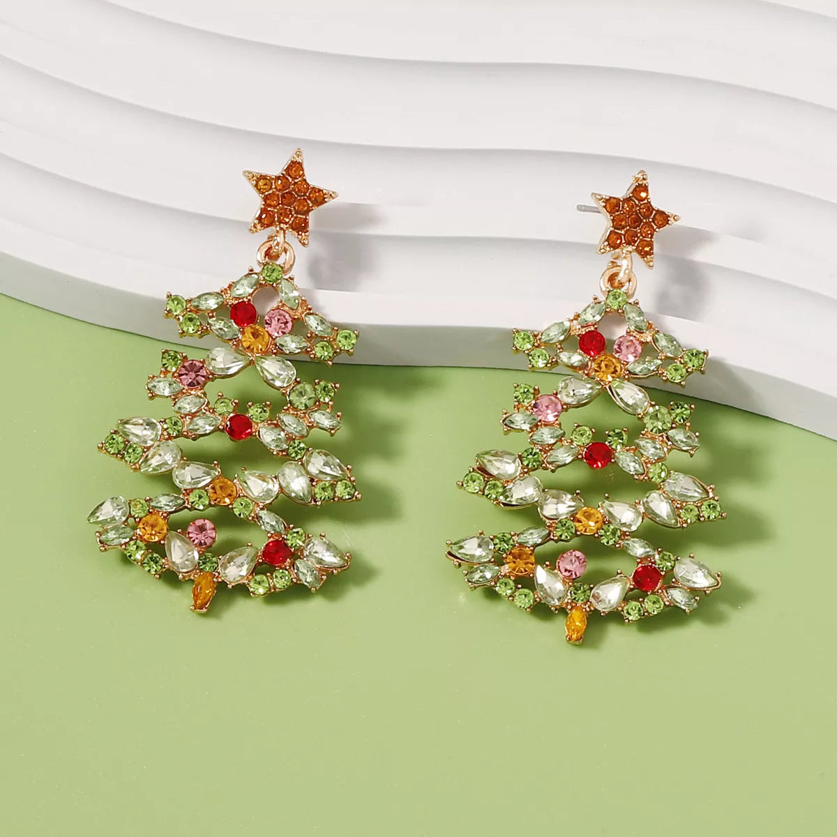 Sparkly Xmas Tree Dangle Earrings with Stones