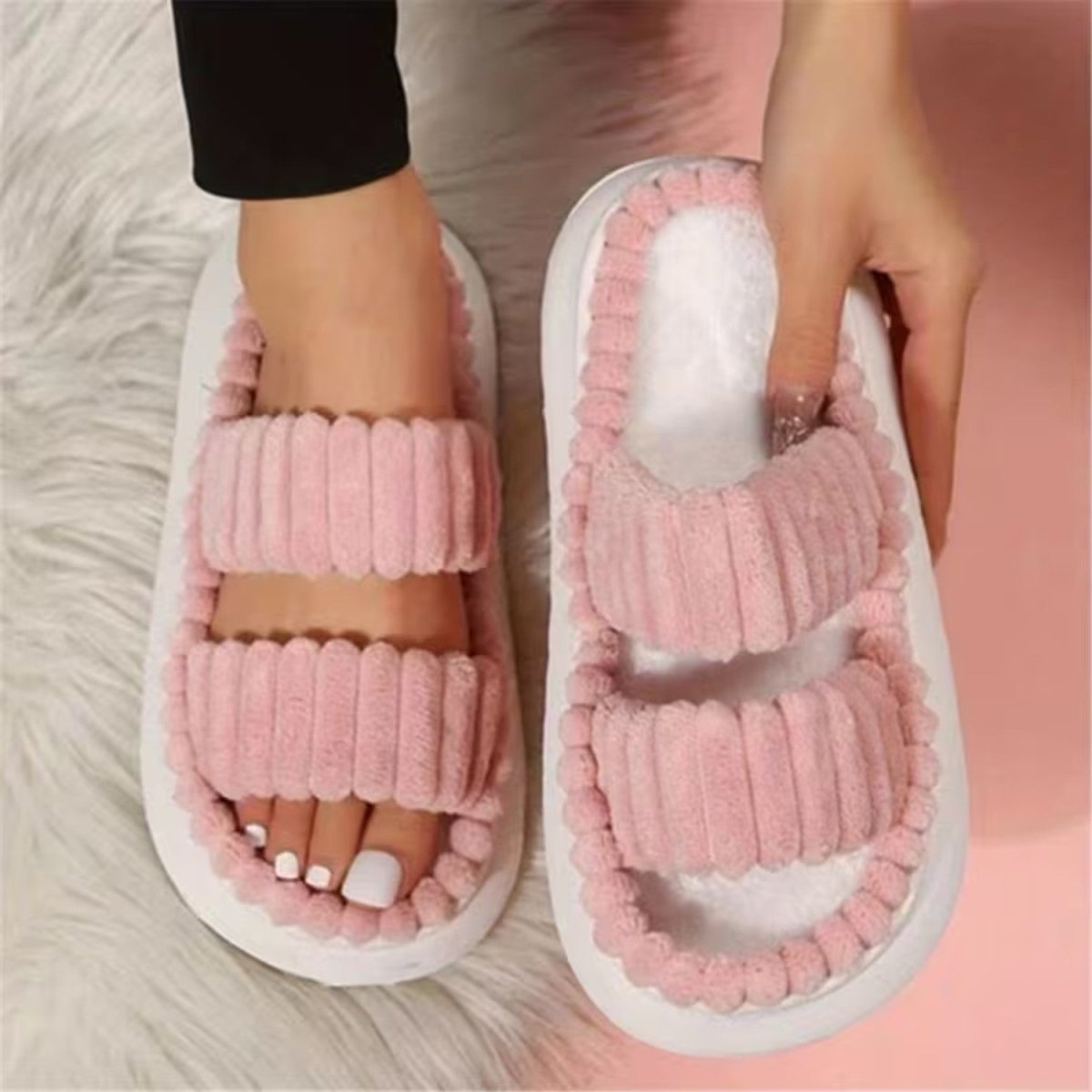 Double Straps Plush Slippers for Women - Slippers - Wild Eye Vision