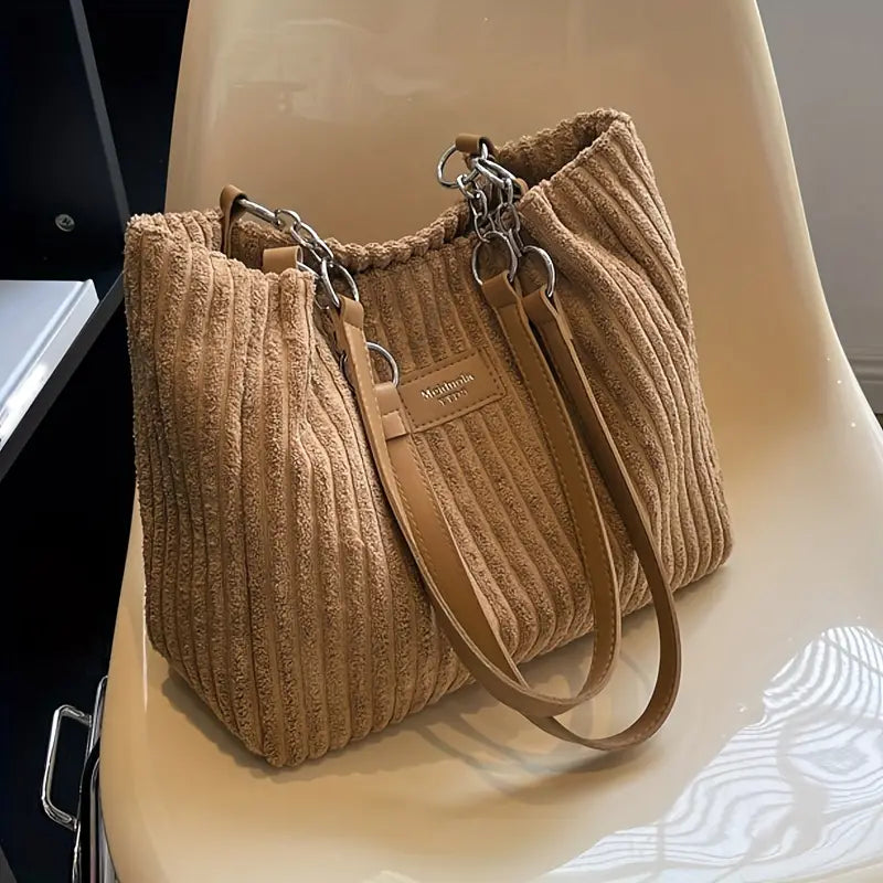 Large Corduroy Shopping Bag for Women with Inside Pockets