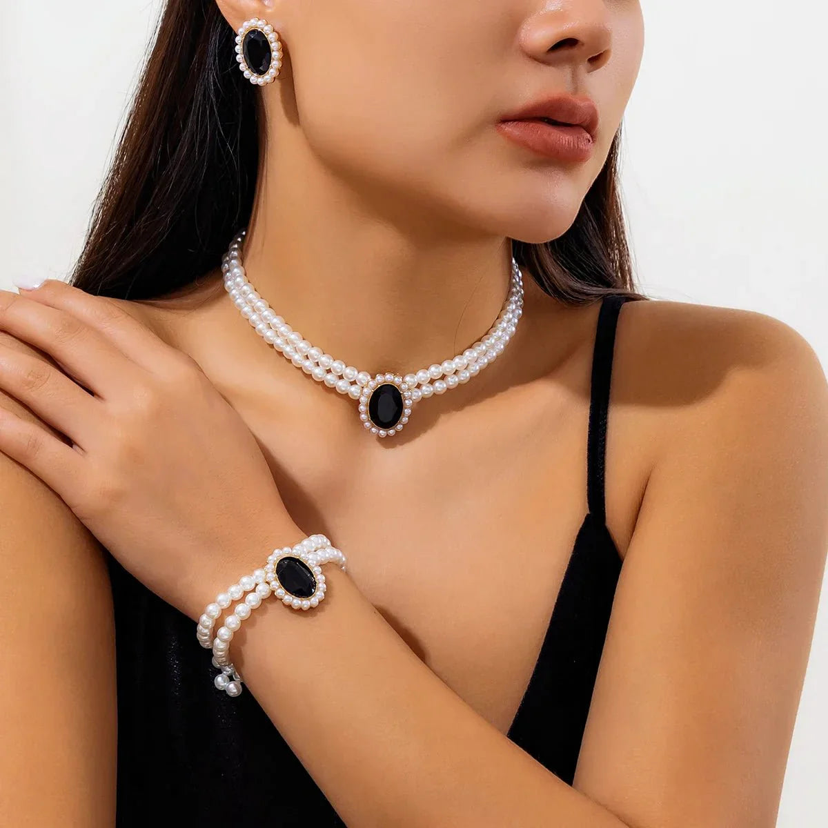 Luxury Diamond Pearl Jewelry Set Necklace Earrings Bracelet