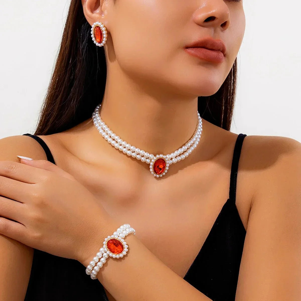 Luxury Diamond Pearl Jewelry Set Necklace Earrings Bracelet