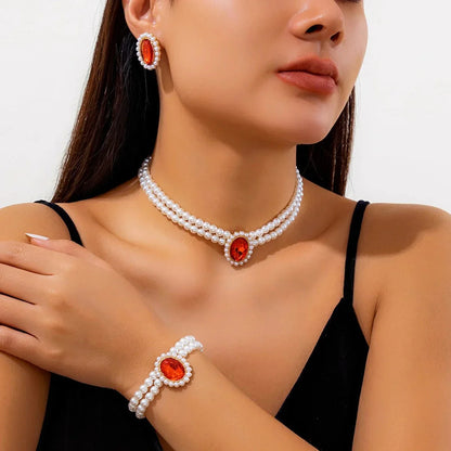 Luxury Diamond Pearl Jewelry Set Necklace Earrings Bracelet