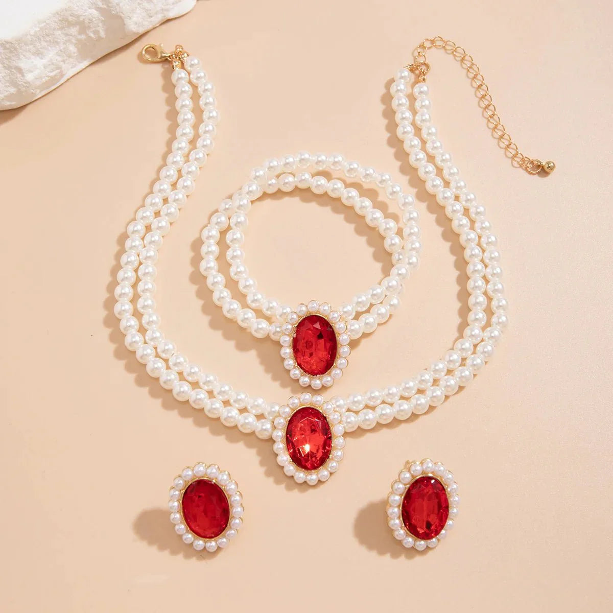 Luxury Diamond Pearl Jewelry Set Necklace Earrings Bracelet