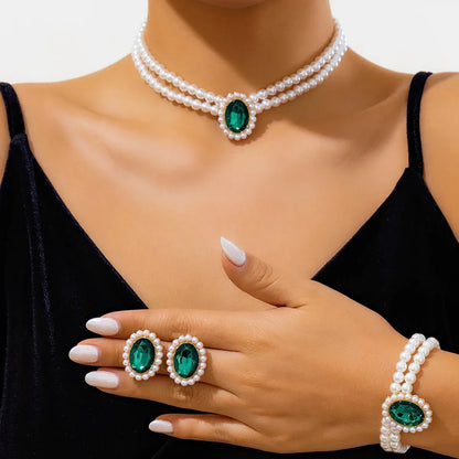 Luxury Diamond Pearl Jewelry Set Necklace Earrings Bracelet