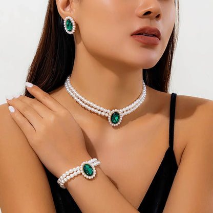 Luxury Diamond Pearl Jewelry Set Necklace Earrings Bracelet