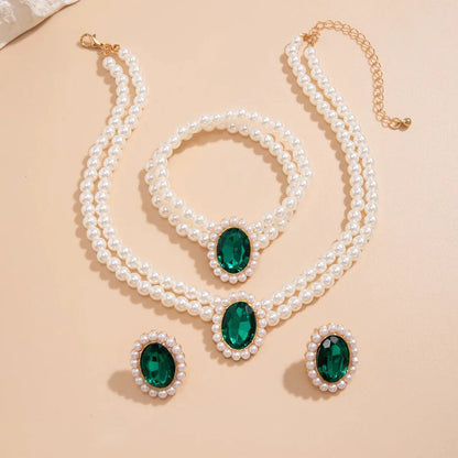 Luxury Diamond Pearl Jewelry Set Necklace Earrings Bracelet