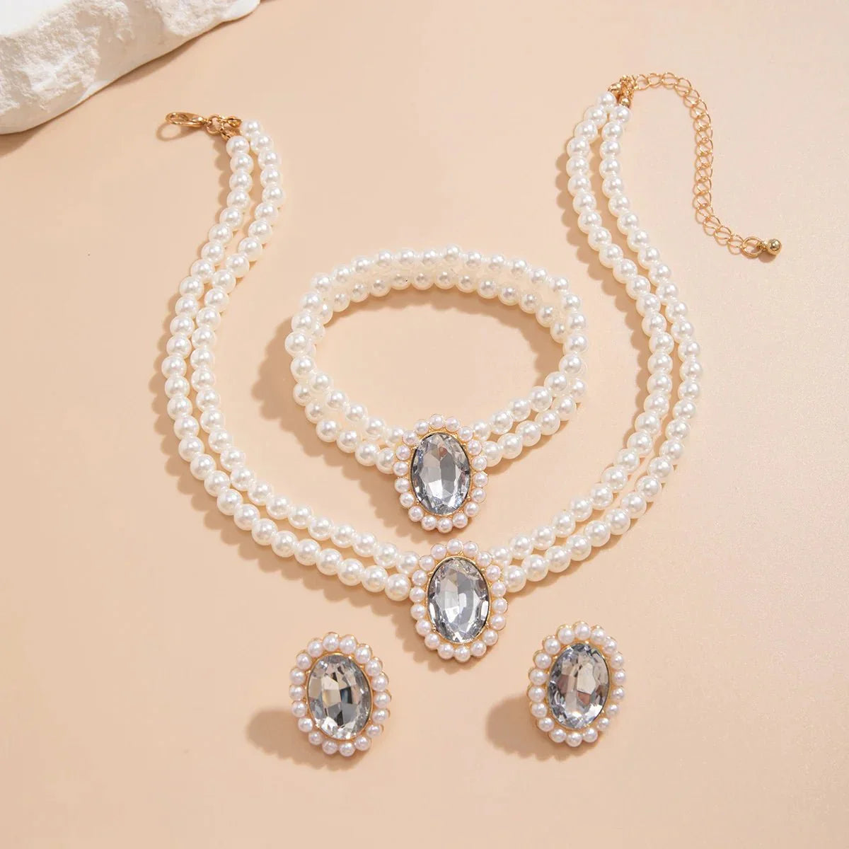 Luxury Diamond Pearl Jewelry Set Necklace Earrings Bracelet