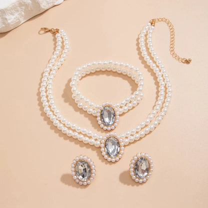 Luxury Diamond Pearl Jewelry Set Necklace Earrings Bracelet