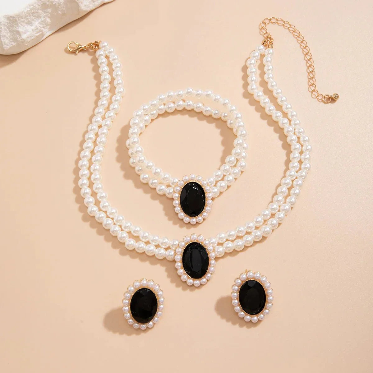 Luxury Diamond Pearl Jewelry Set Necklace Earrings Bracelet