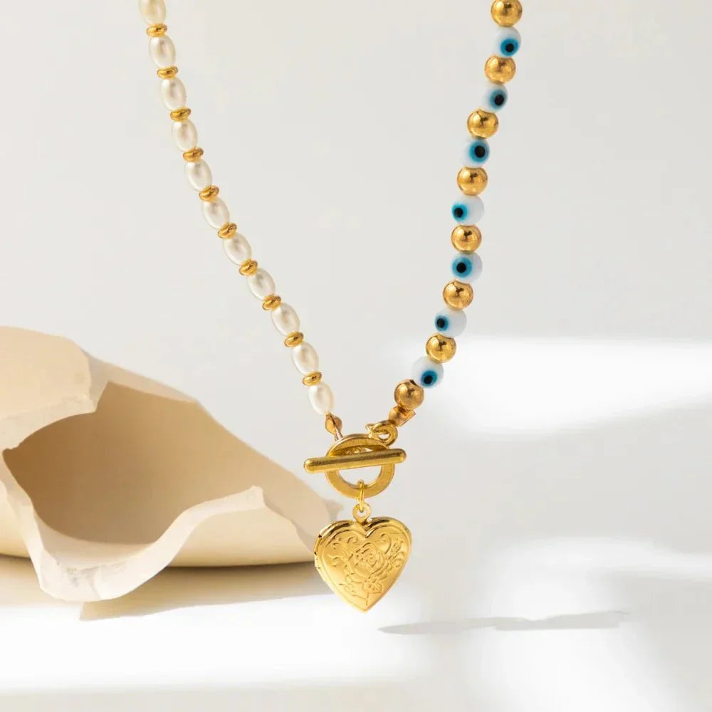 Lucky Eye Freshwater Pearl Heart Pendant Necklace