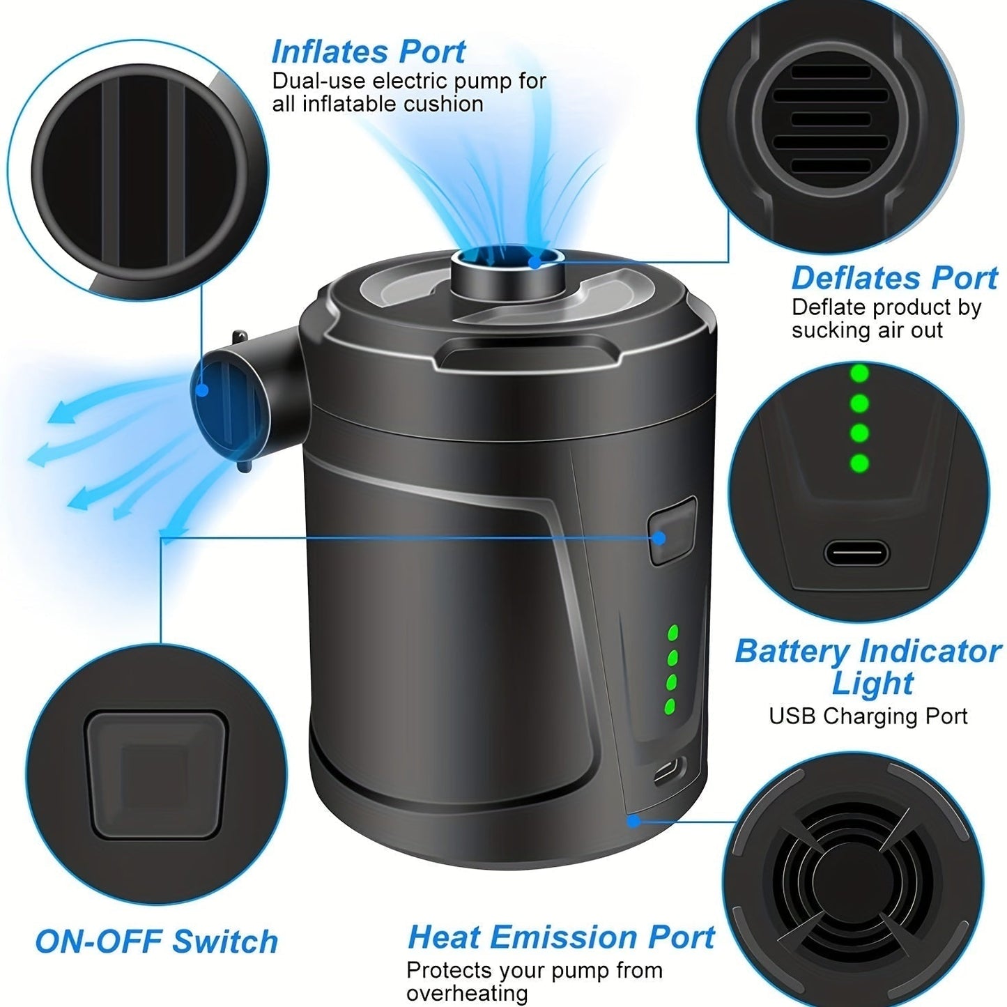 Portable USB Air Pump for Inflatable Mattresses & Camping
