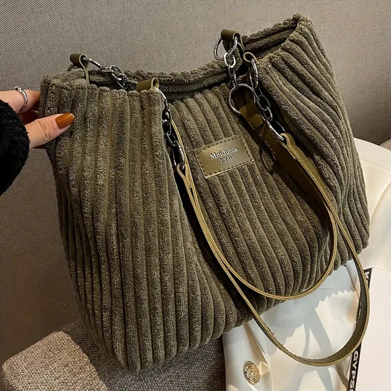 Large Corduroy Shopping Bag for Women with Inside Pockets - Fesara