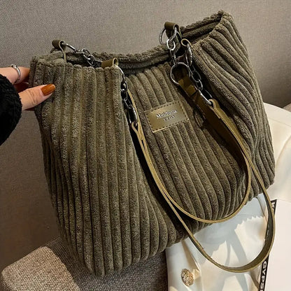 Large Corduroy Shopping Bag for Women with Inside Pockets - Fesara
