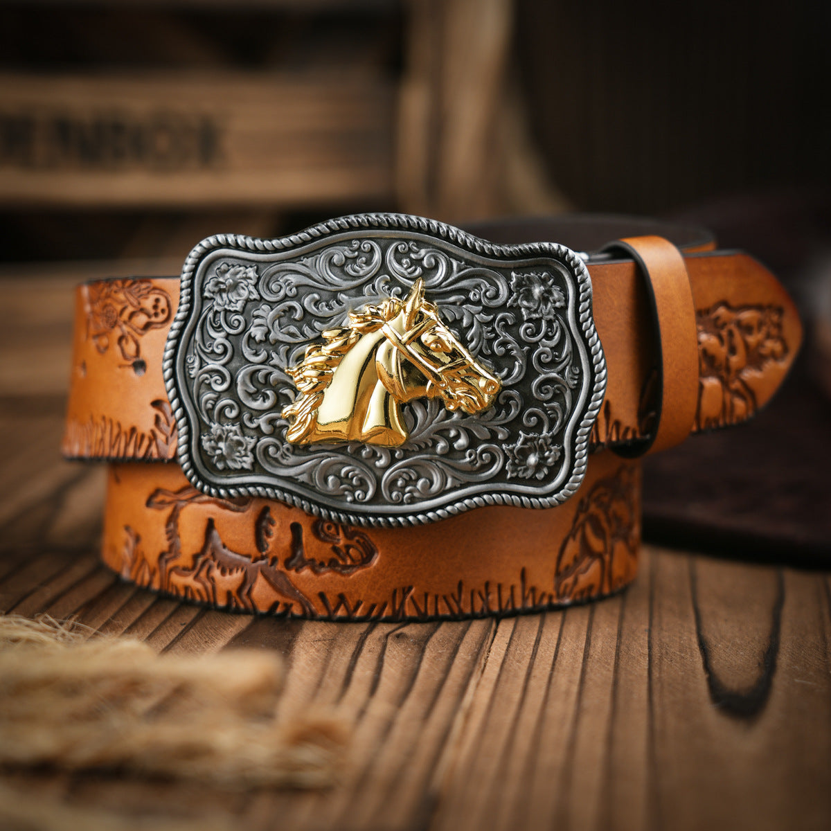 Men's Western Vegan Leather Belt with Strong Buckle