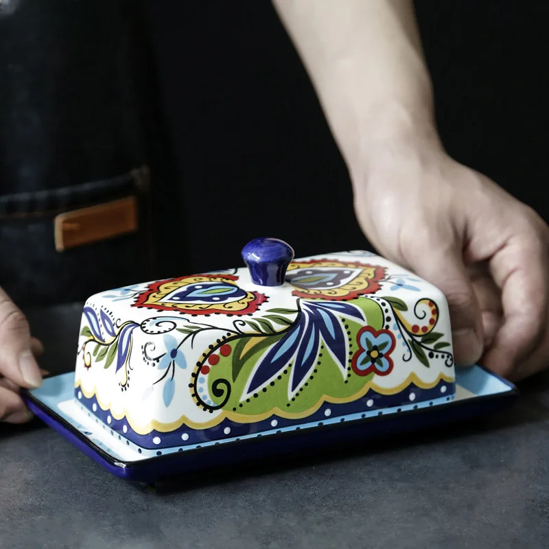 Colorful Hand Painted Ceramic Butter Dish