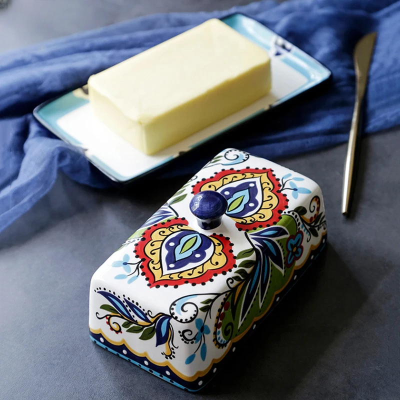 Colorful Hand Painted Ceramic Butter Dish