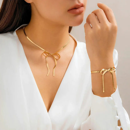 Elegant Chain Bow Necklace and Bangle Set