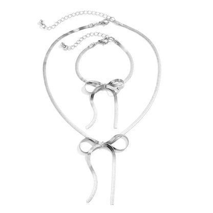 Elegant Chain Bow Necklace and Bangle Set