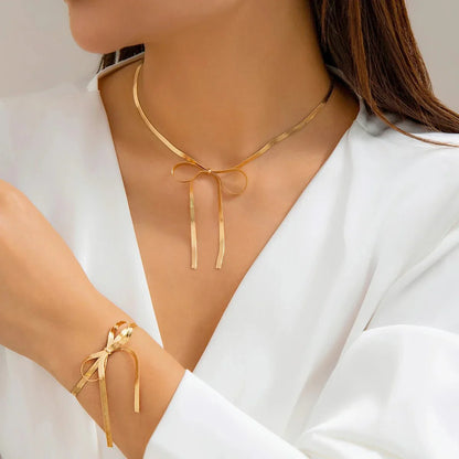 Elegant Chain Bow Necklace and Bangle Set - Fesara