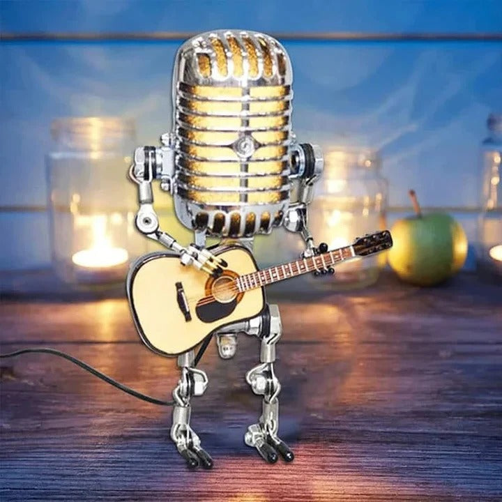 Edgy Metal Robot Lamp with Guitar Microphone Decor