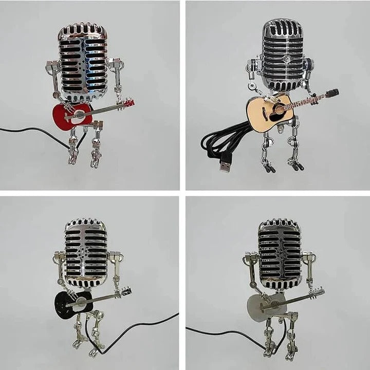Edgy Metal Robot Lamp with Guitar Microphone Decor