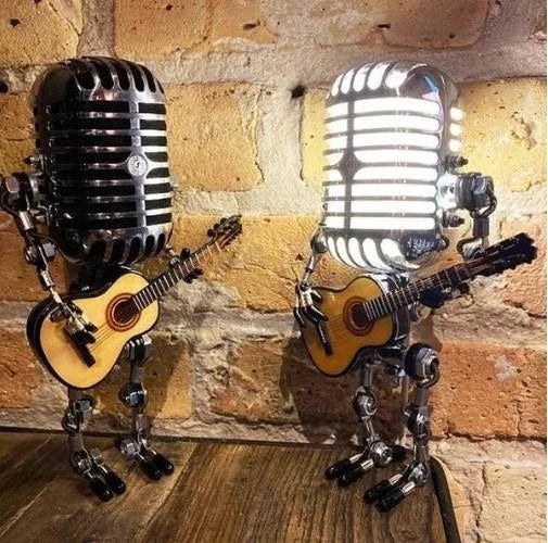 Edgy Metal Robot Lamp with Guitar Microphone Decor