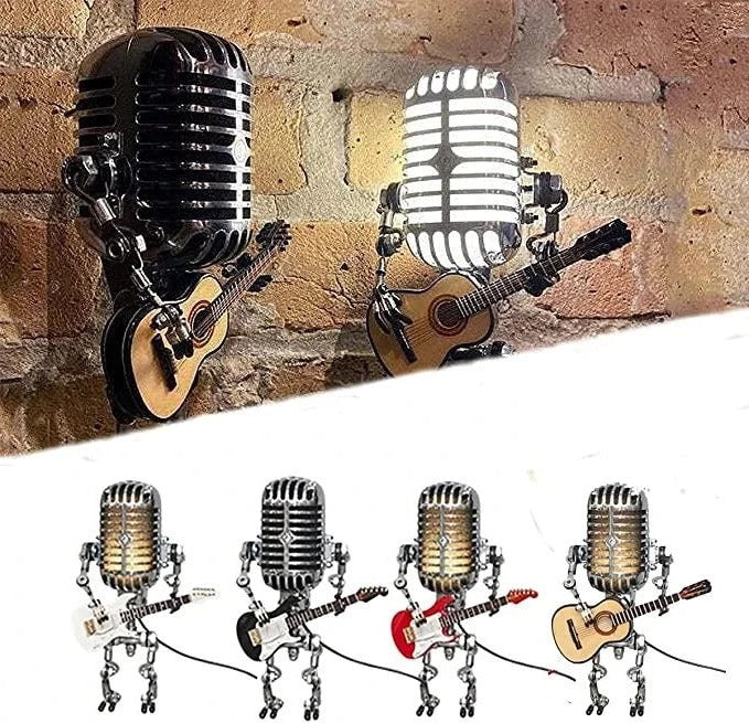 Edgy Metal Robot Lamp with Guitar Microphone Decor