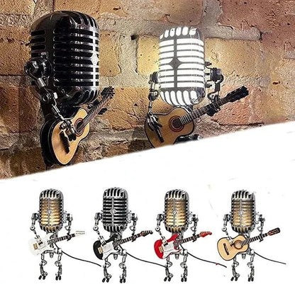 Edgy Metal Robot Lamp with Guitar Microphone Decor