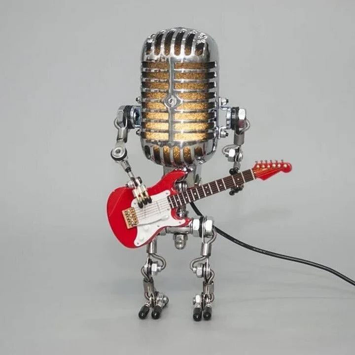 Edgy Metal Robot Lamp with Guitar Microphone Decor
