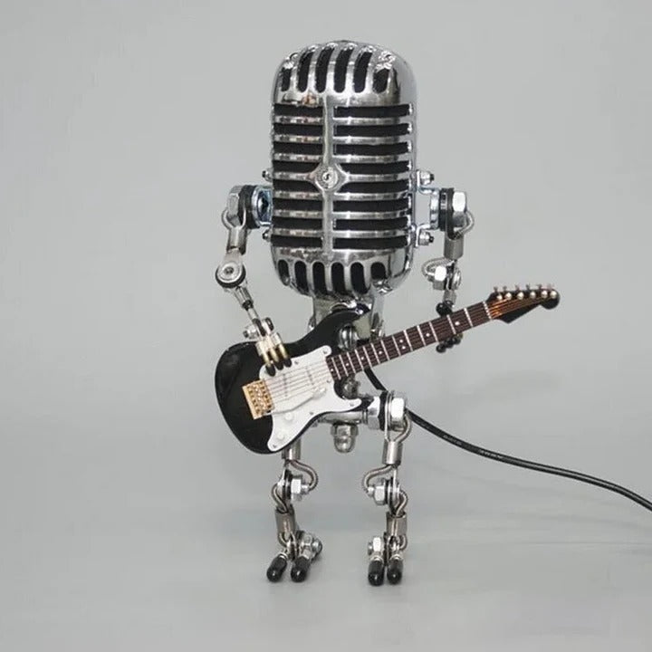 Edgy Metal Robot Lamp with Guitar Microphone Decor